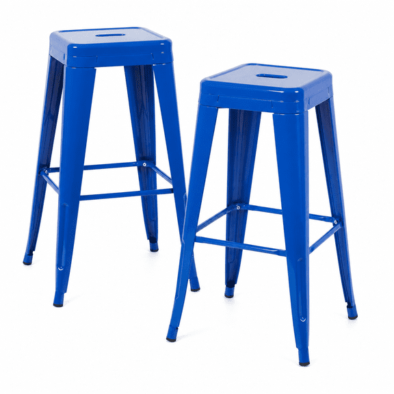 30 Inch Backless Metal Bar Stools, Set of 2, Blue, Carry Hole and Four-Sided Footrest
