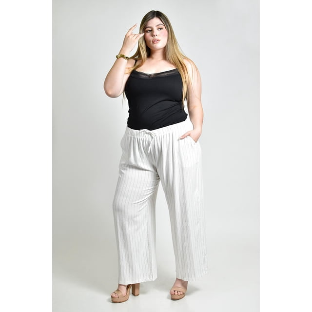 Pantalon de lino rayado Roman Fashion /Tallas Extras, 9205 (Blanco) blanco 36