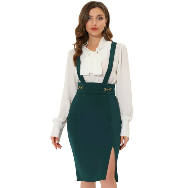Unique Bargains Jupe Crayon à Bretelles Réglables Taille Haute pour Femmes Vert Foncé TG