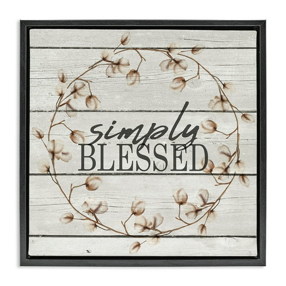 Stupell Industries Simply Blessed Rustic Wreath Botanical & Floral Painting Black Floater Framed Canvas Art Print Wall Art, 18 x 18