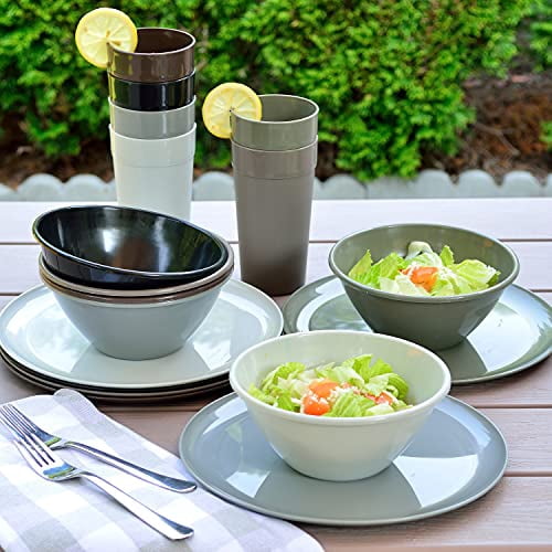 Youngever 18 Piece Plastic Kitchen Dinnerware Set, Plates, Dishes, Bowls, Cups, Service for 6 - Urban Colors