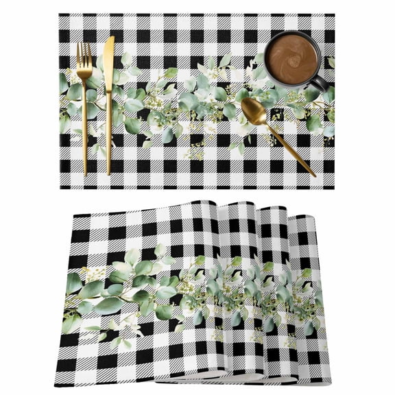 Green Eucalyptus Leaves Placemats Set of 4, Black White Plaid Farmhouse Watercolor Placemats for Dining Table, Place Mats for Kitchen Tabletop, Waterproof Wipeable Dining Table Mats Set