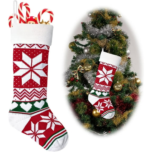Dalrosia Knitted Christmas Stockings, Snowflake Reindeer Snowman Cable Knit Stockings for Christmas Candy Gifts Decor