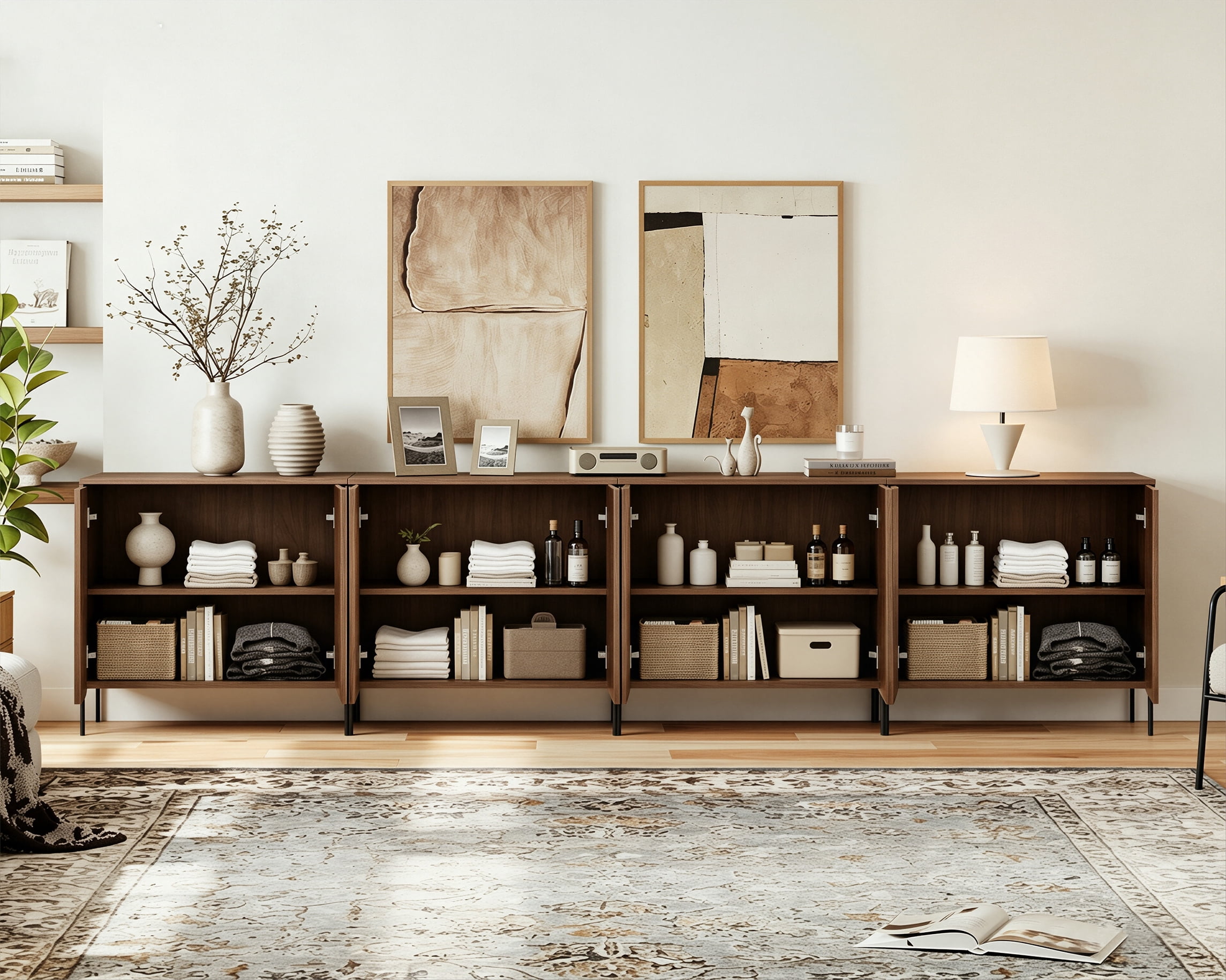 126" Wooden Fluted Sideboard with 8 Doors and Adjustable Shelves, 4-In-1 Modern Credenza Storage Cabinet for Kitchen, Dining Room