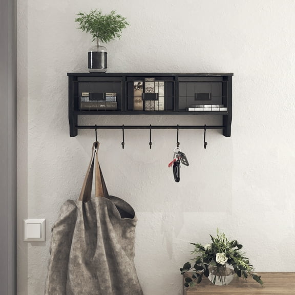 HBCY Creations Rustic Coat Rack Wall Mounted Shelf with Hooks & Baskets, Entryway Organizer Wall Shelf with 5 Coat Hooks and Cubbies, (Blackwash, 24 Inch)