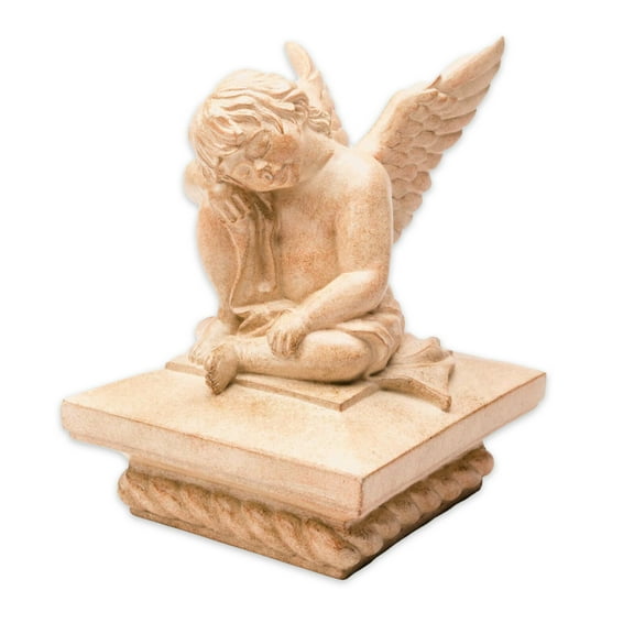 Sculptured Sleeping Cherub Polystone Post Cap with Rope Base, 3.5" – Limestone
