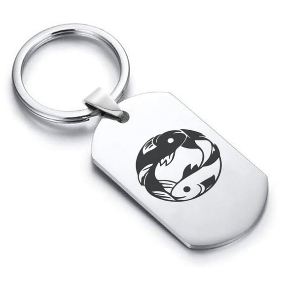 Stainless Steel Pisces Zodiac (Two Fishes) Dog Tag Keychain Circle Ring