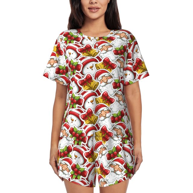 Balery Santa Claus bells Snowman Conjunto de Pijama para Mujer con Estampado, Dos Piezas de Manga Corta y Shorts, Ropa de Dormir Suave con Cuello Redondo y Bolsillos-Small
