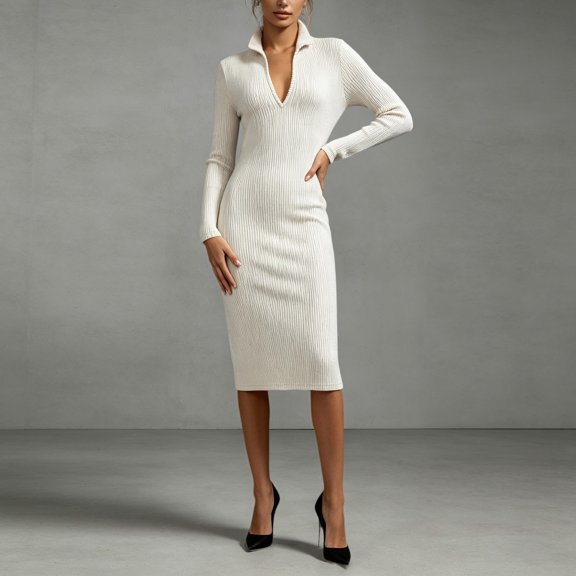 Blmnix Valentine Party Dresses for Women Waisted Sheath Knit Under Dress Long Sleeve White Mock Neck Slip Dress for Women,XXL
