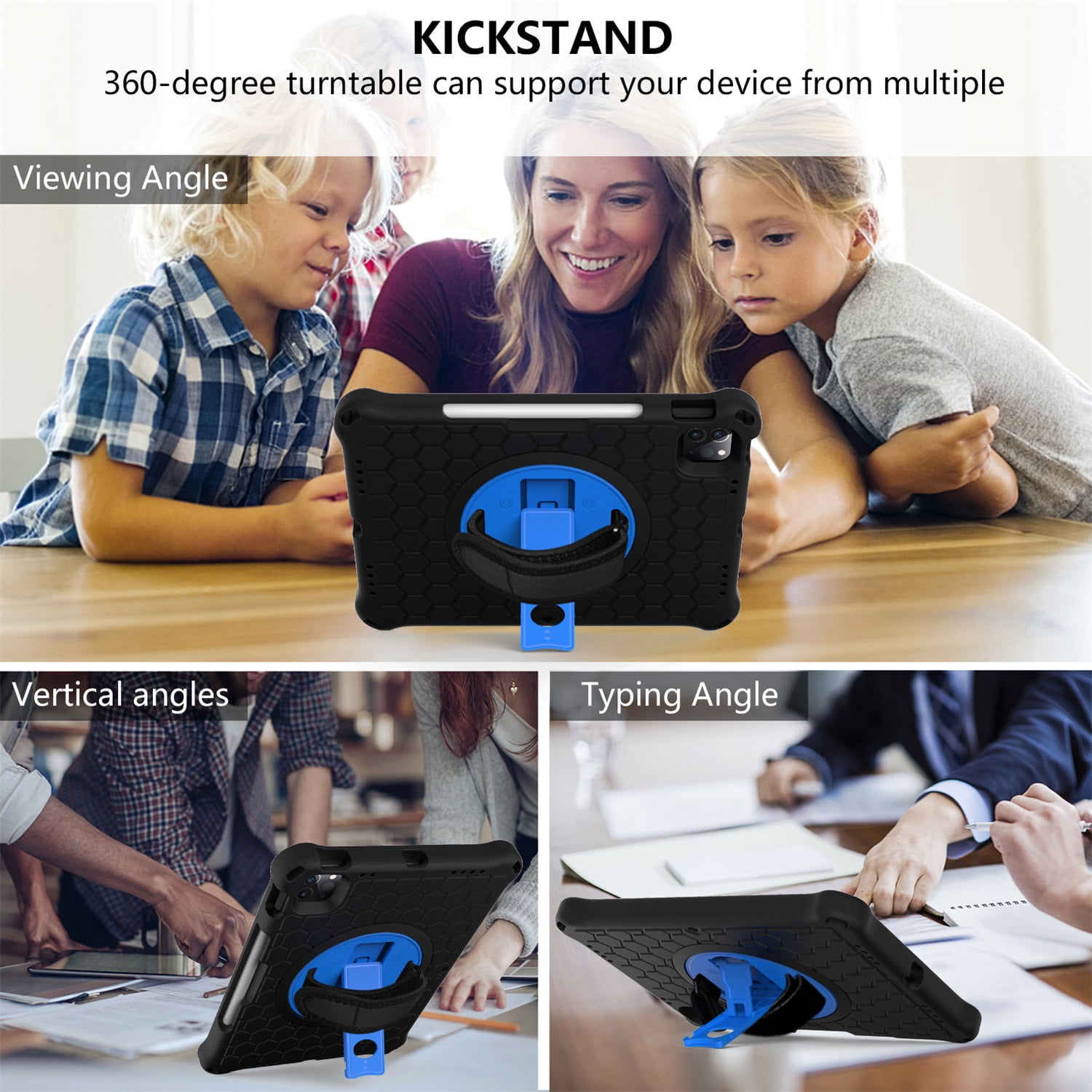 SaniMore for iPad 10th Generation 10.9" 2022 Case with 360° Rotatable Hand Strap, EVA & PC Case with Pencil Holder & Shoulder Strap Multi-Angle Kickstand Shockproof Protective Case, Black+Blue