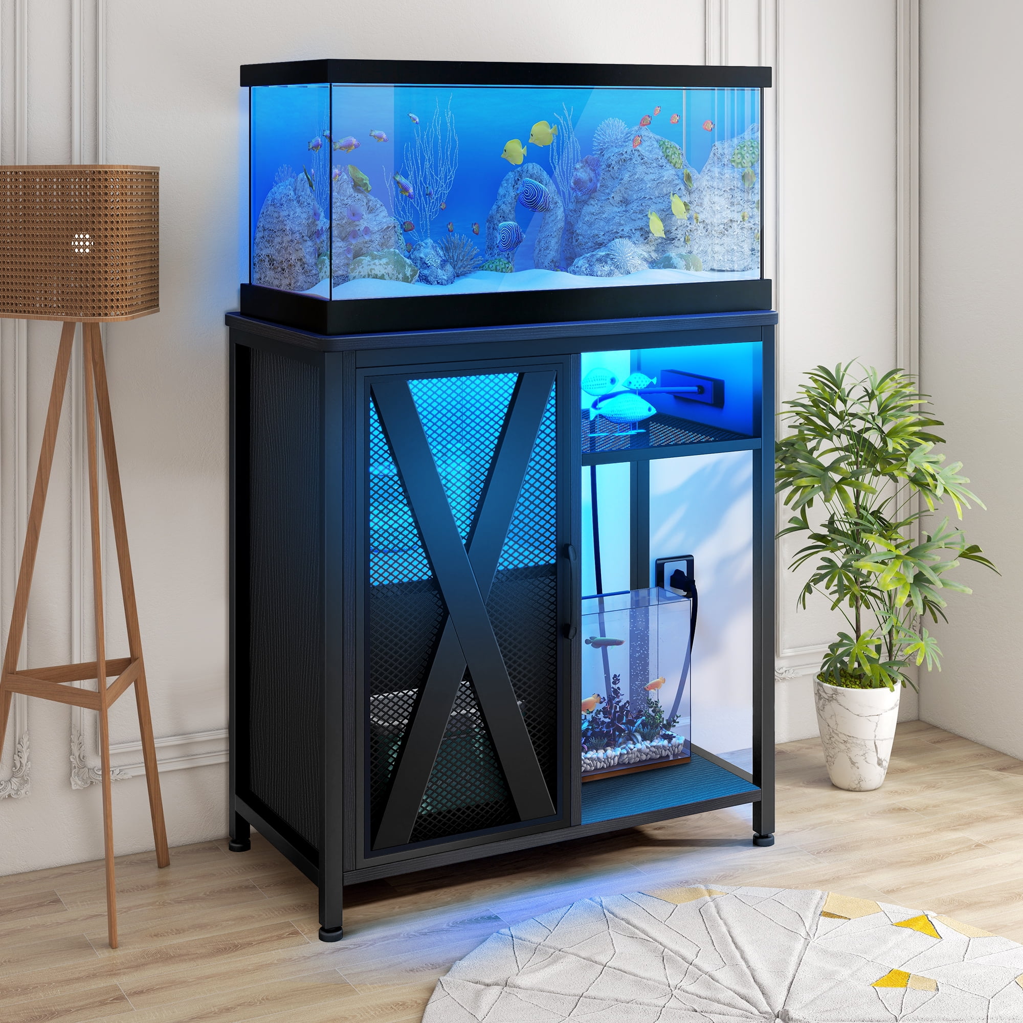 Dextrus Aquarium Stand with Power Outlets & LED Light and Cabinet for 20-29 Gallon Fish Tank Stand, Turtle Tank, Reptile Terrarium - Black