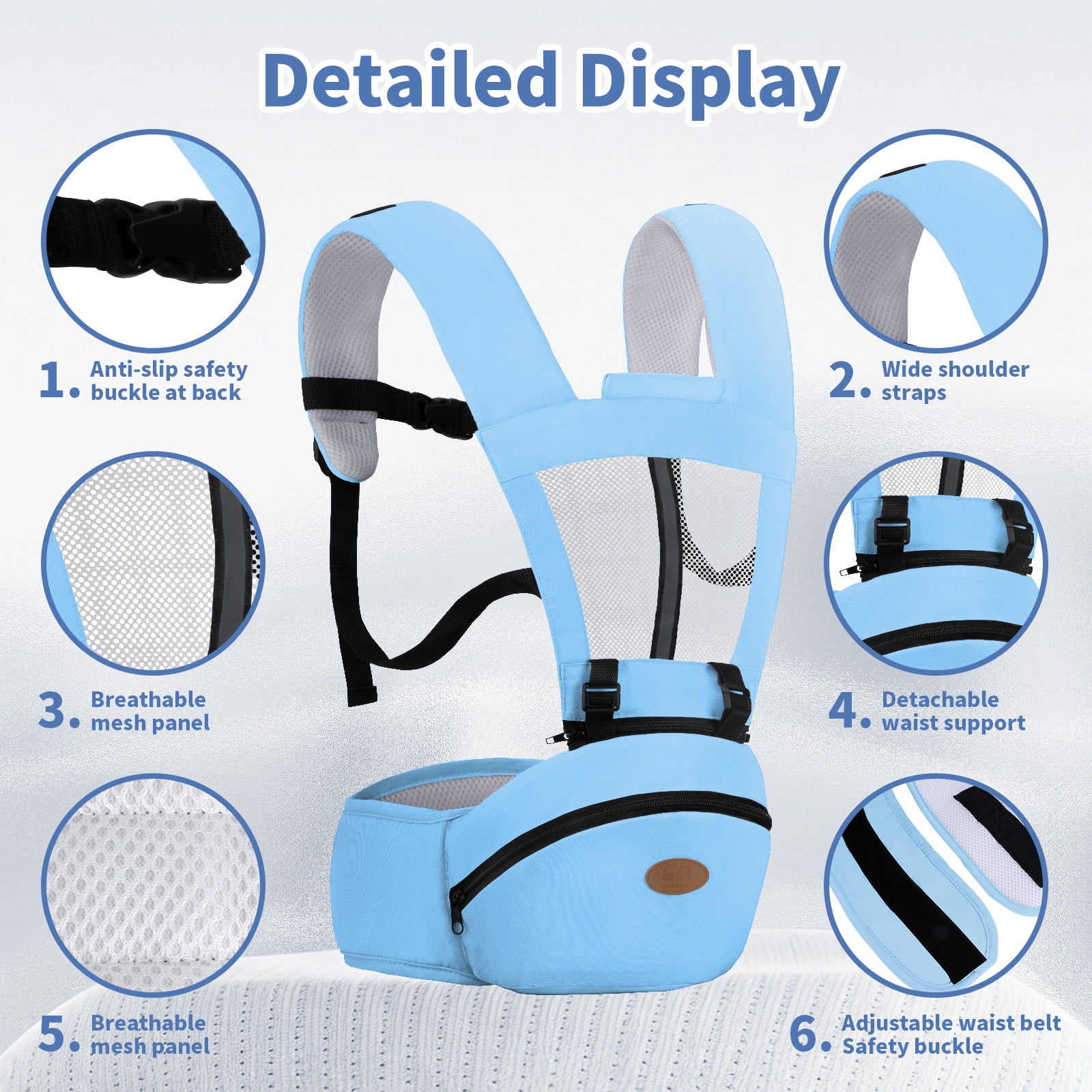 Babyltrl 6-in-1 Baby Carrier with Hip Seat,Ergonomic Infant Carrier Backpack,Breathable Wrap Seat for Newborn Toddlers up to 44 lbs,Blue
