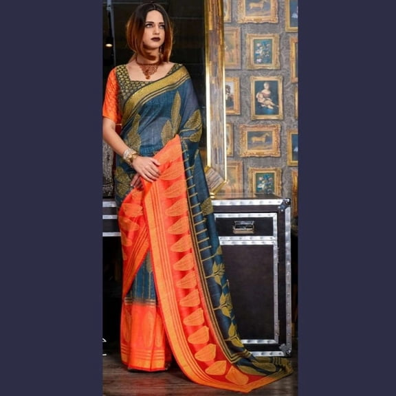Blue and Orange woven Saree Size: L, Color: Blue