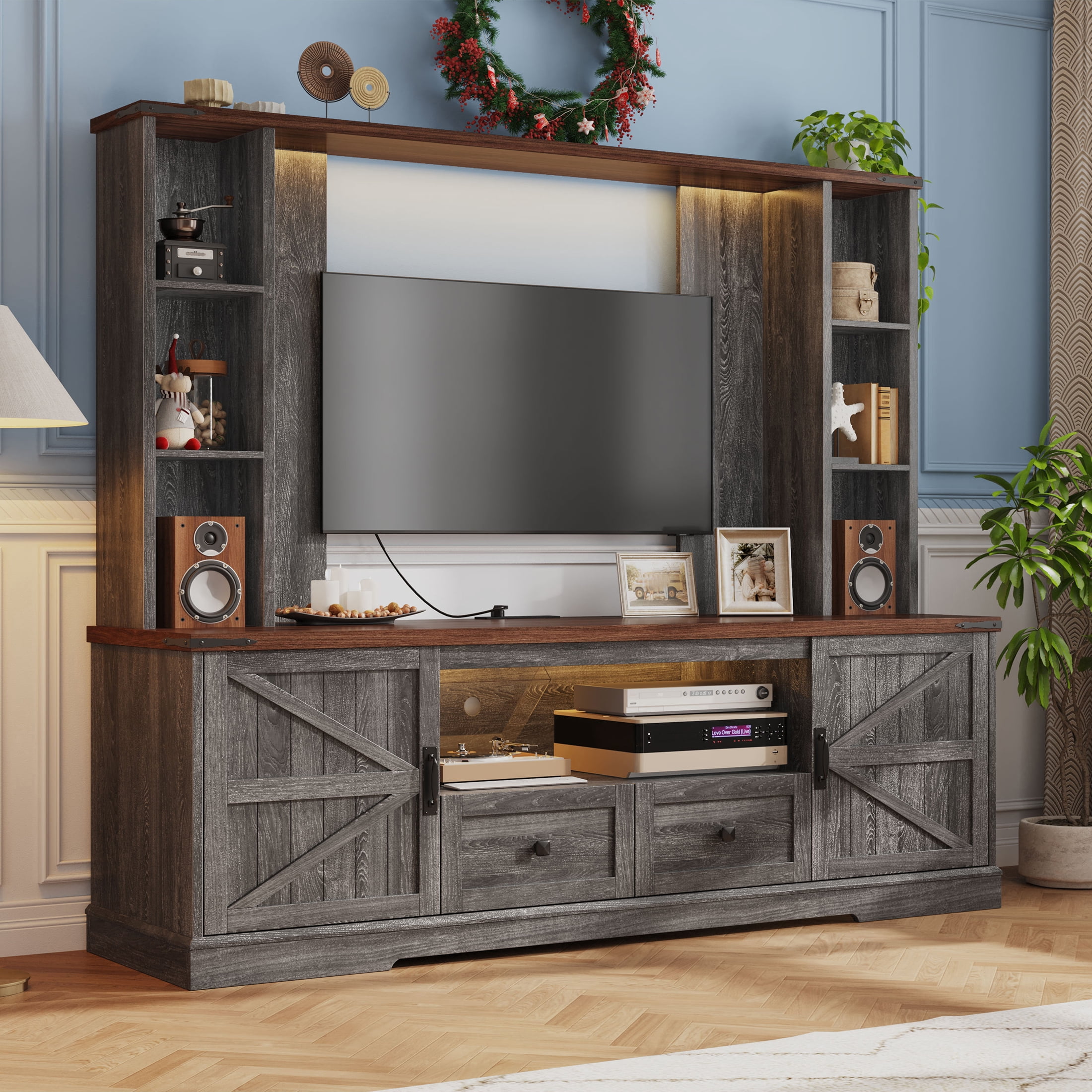 EnHomee Entertainment Center with LED Lights and Power Outlets, Large Farmhouse TV Stand for up to 60" TVs with Storage, Grey