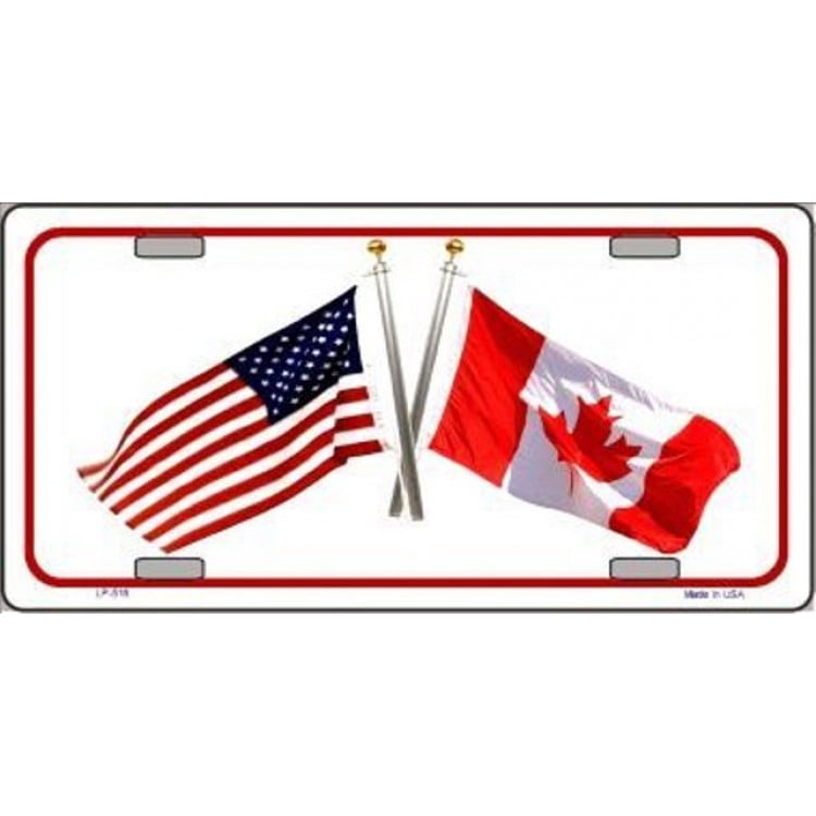 United States And Canada Crossed Flags Metal License Plate
