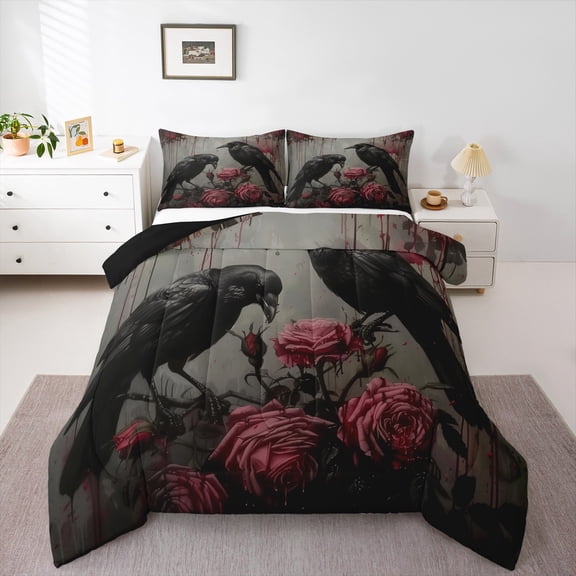 Homewish Black Crow Bedding Comforter Set 2pcs for Female Men Adults,Pink Floral Rose Twin Comforter Sets Microfiber,Retro Gothic Style Breathable Bedding Set,Lightweight Room Decor,Reversible