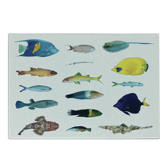 Maritime Cutting Board, Marine Life Creatures with Cardinalfish Clownfish Stingray Exotic Fauna Sea Theme, Decorative Tempered Glass Cutting and Serving Board, Small Size, Multicolor, by Ambesonne