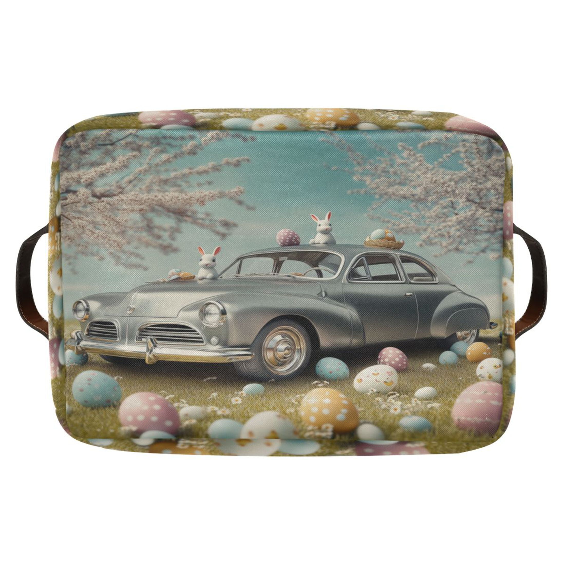 Car and Easter Eggs Foldable Storage Basket,Canvas Fabric Foldable Storage Bins with Handles Open Home Storage Bins Boxes for Toy Book Shelf Closet Baskets