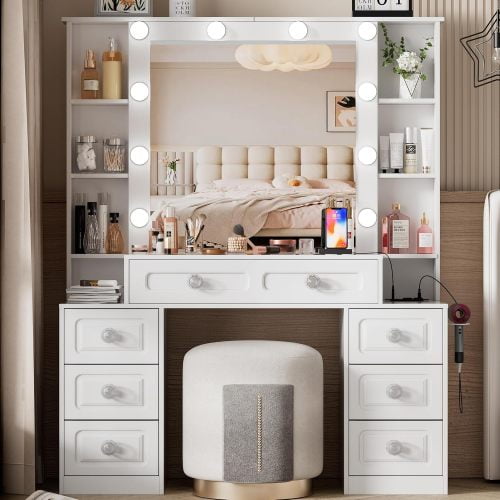 Vanity Desk with with Mirror and Lights,Makeup Vanity Table wwith Lighted Mirror & Charging Station, Vanity Desk Dresser