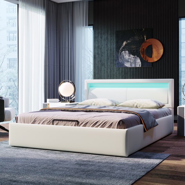 Cama tapizada, cama LED, 140 * 200cm, con somier de láminas y espacio de almacenaje, con cabecero iluminado en varios colores, blanco, cabecero y polipiel esquí esquí Gafas de esquí