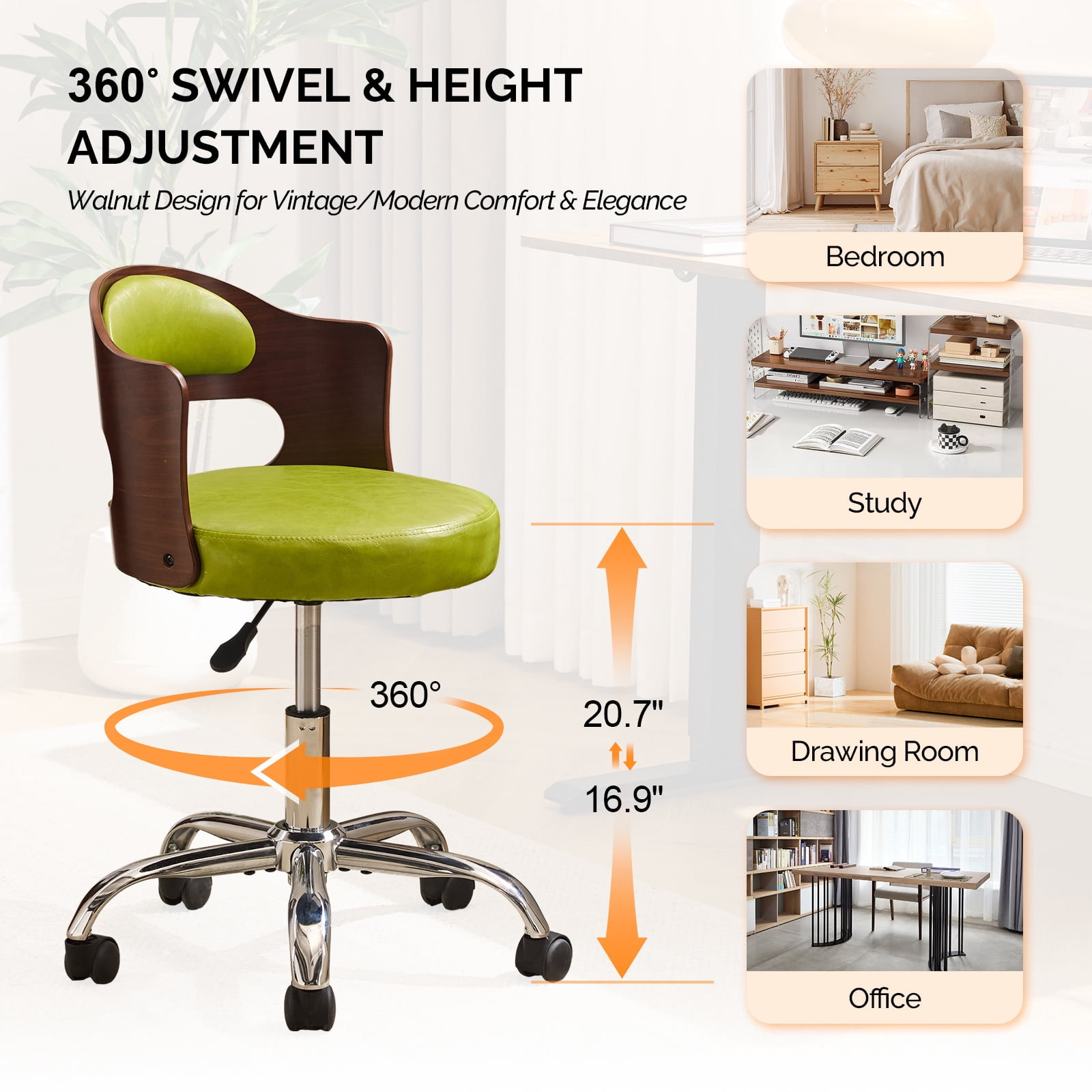 Ktaxon Office Computer Desk Chair with Rolling Wheels, Vanity Stool with Faux Leather Seat, Adjustable Task Chair for Study Make-up Dressing Green