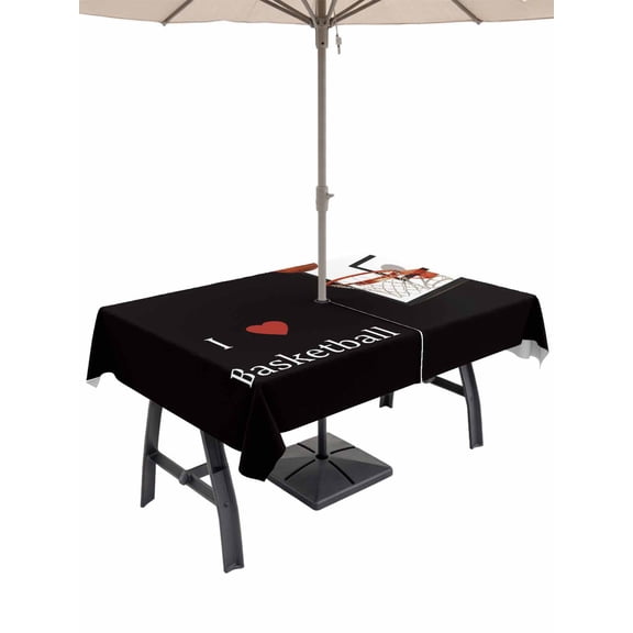 Outdoor Tablecloths with Umbrella Hole & Zipper, Basketball 60 x102 Inch Rectangle Tablecloths, Modern Funny Minimalist Sports Waterproof Table Cloth, Patio/Pool/Picnic Table Covers
