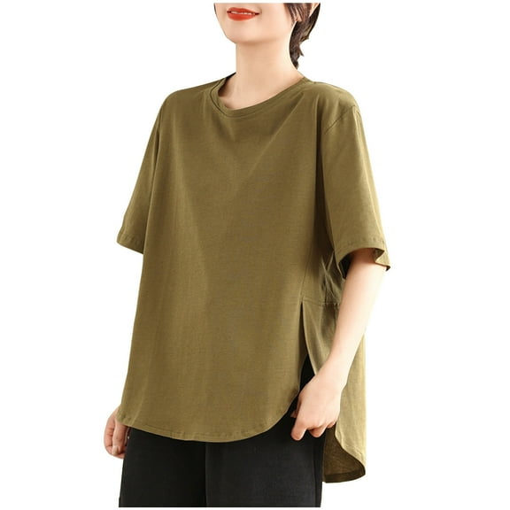 Lovskoo Summer Tops for Women 2024 Round Neck Short Sleeve Spring Casual Blouse Loose Solid Color Tops Olive Green