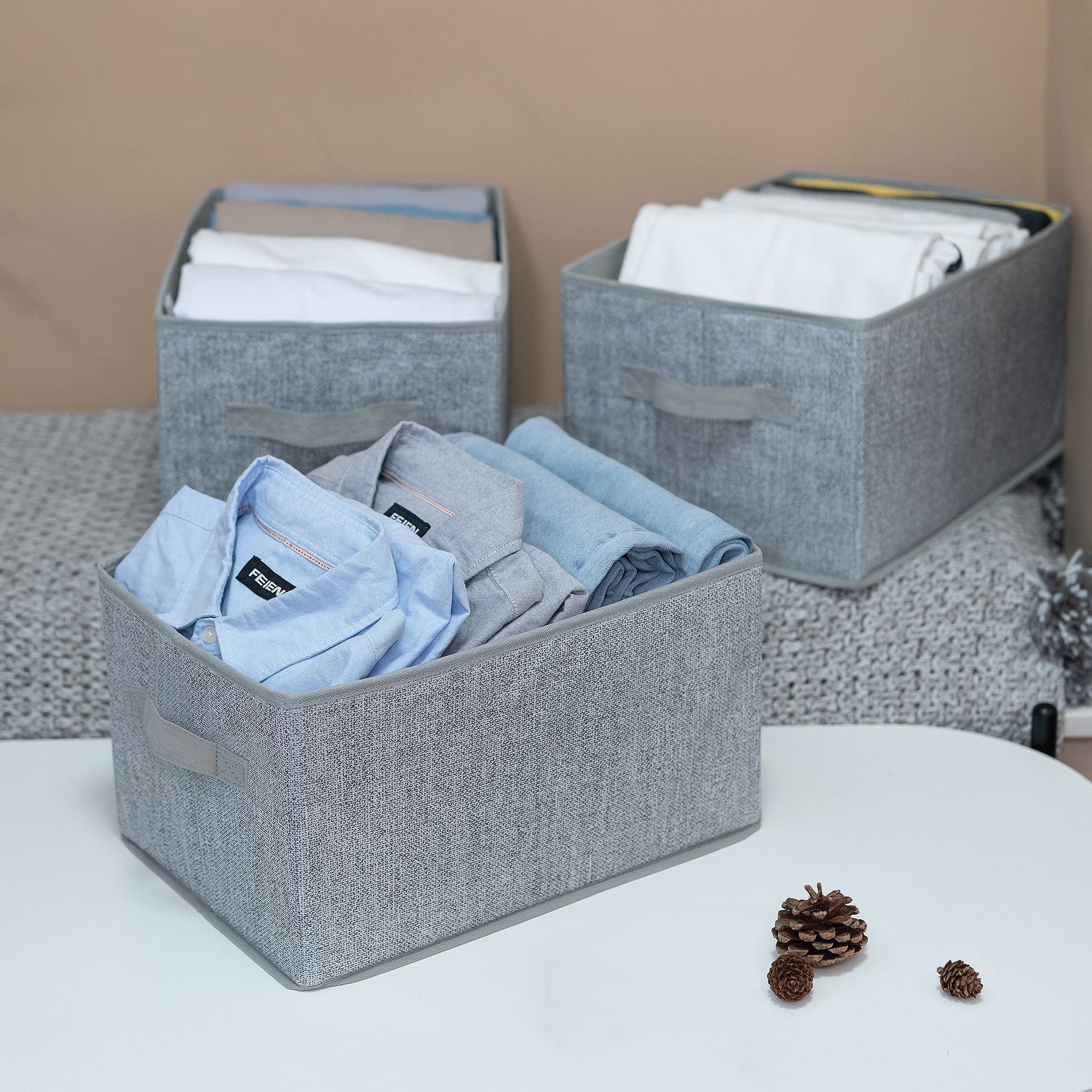HNZIGE Shelf Baskets for Storage(3 Pack) Storage Bins Fabric Storage Baskets for Shelves ,Baskets Set for Organizing Clothes,Nursery,Laundry(Gray,15