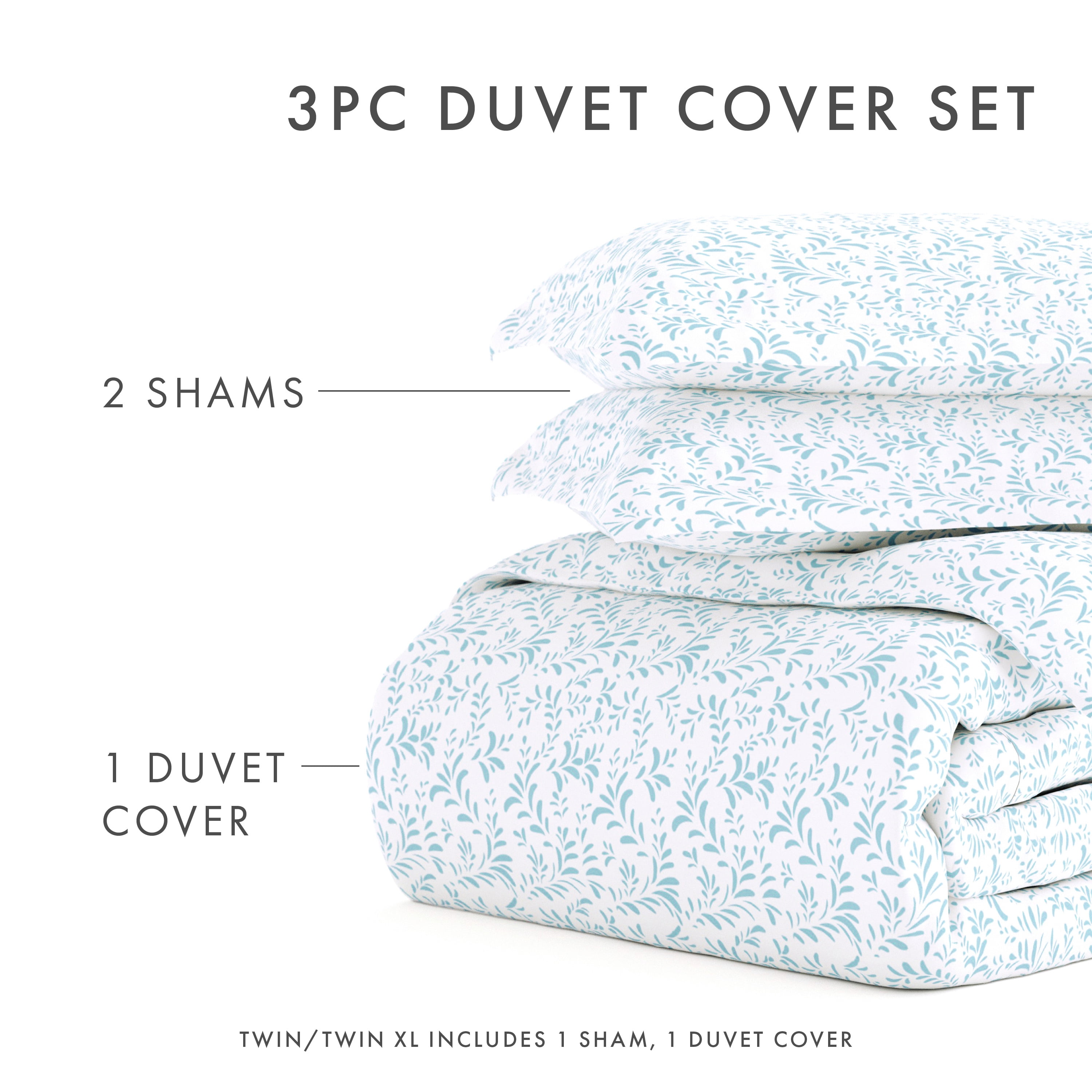 Noble Linens Light Blue Burst of Vines Print 3-Piece Duvet Cover Set, King/Calking