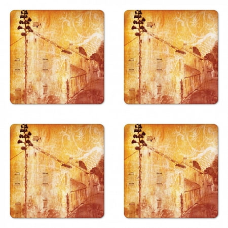 

Burnt Orange Coaster Set of 4 Retro Illustration of a Street of Old French Houses Mediterranean Environment Print Square Hardboard Gloss Coasters Standard Size Tan by Ambesonne
