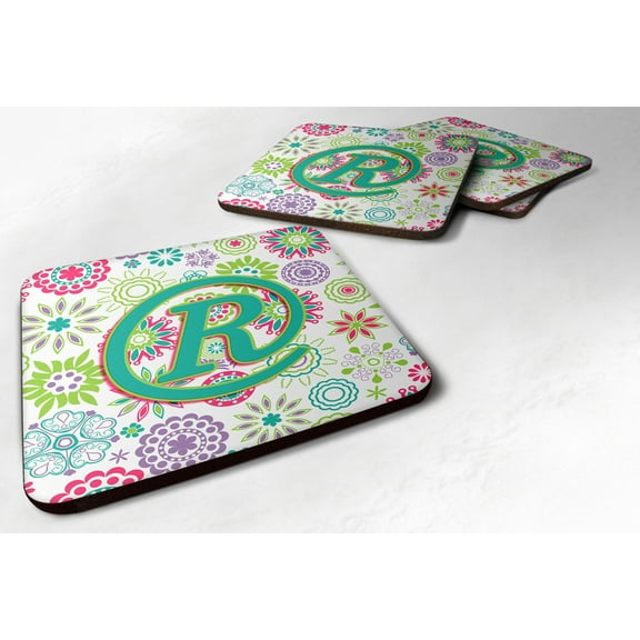 Letter R Flowers Pink Teal Green Initial Foam Coaster Set of 4