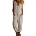 thumbnail image 3 of VBVC Women's Cotton Sleeveless Hooded Jumpsuit , Casual Loose Overalls For Women,Ladies' Button Down Romper with Pockets,Beige,S-3XL, 3 of 8