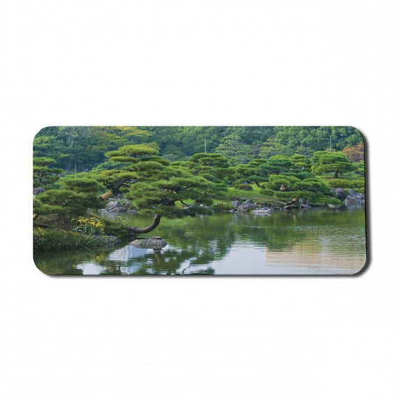 Japanese Computer Mouse Pad, River Landscape Trees Flowers Stones Silence in Natural Beauty Garden Theme, Rectangle Non-Slip Rubber Mousepad X-Large, 35" x 15" Gaming Size, Green, by Ambesonne