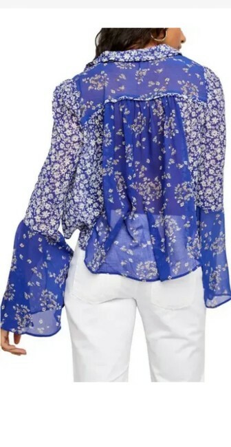 FREE PEOPLE SERENA PRINTED BLOUSE BLUE COMBO SMALL