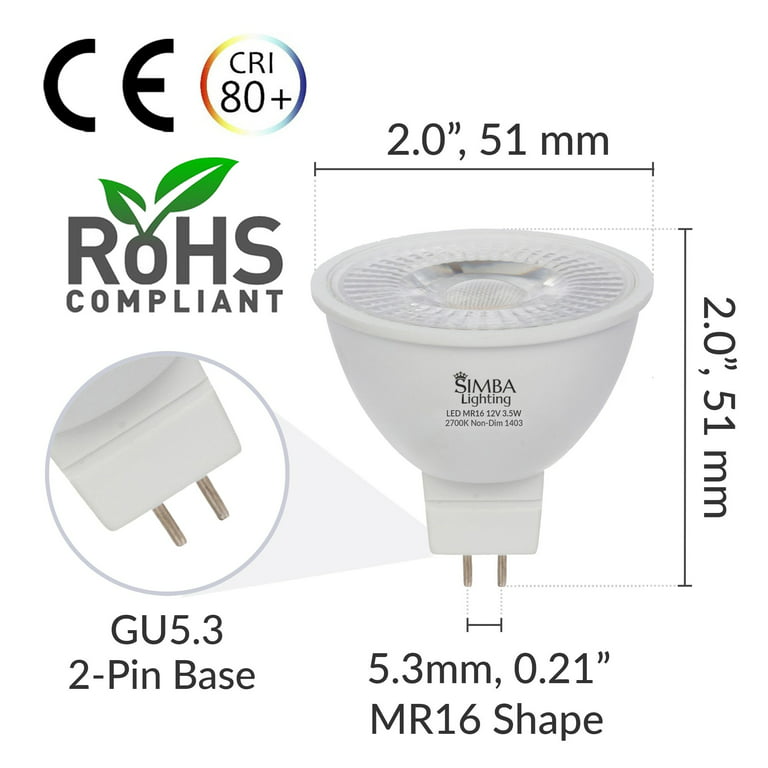 Simba Lighting LED MR16 3.5W 20W Halogen Replacement Bulbs 12V GU5.3 BiPin  2700K Soft White 6-Pack 