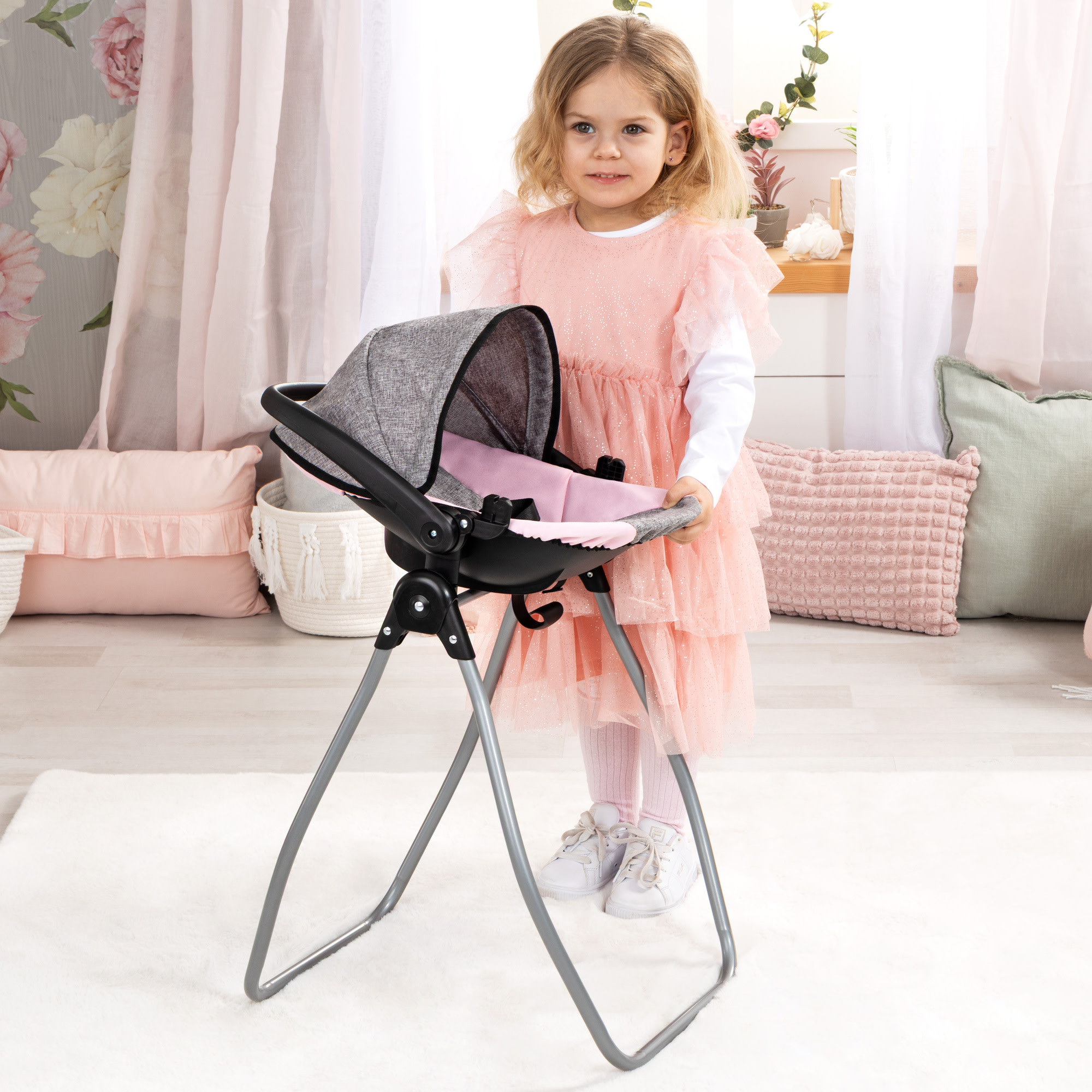 Bayer Design: Doll 4-In-1 Vario - Grey-Pink-Butterfly - Convertible Toy: Highchair-Swing-Bed-Car Seat, All-In-1 Care Accessory Fits 18" Dolls, Kids 3+