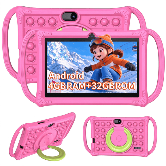 Tedupee Kids Tablet,7 inch Tablet for Kids, 32GB ROM, 4(2 2)GB RAM 1TB Expanded,Parental Control,Educational Apps,Kid‑Proof Case Handle Stand,Pink