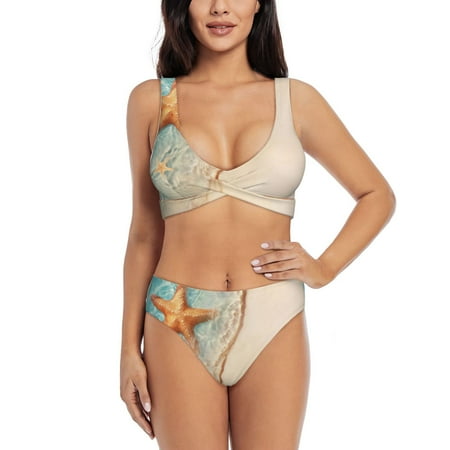 Zeuib Starfish On The Sand Beach High Waisted Tummy Control Bikini Set - Knot Front Push Up Top & Cheeky Thong Bottom  Two-Piece Swimsuit for Women-X-Large
