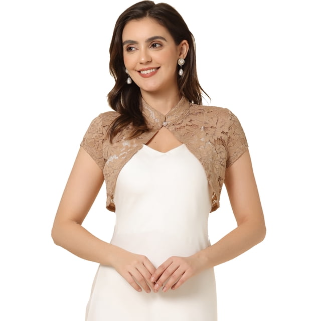 Cárdigan de encaje para mujer, cuello alto, corto, elegante, encogimiento de hombros Caqui M
