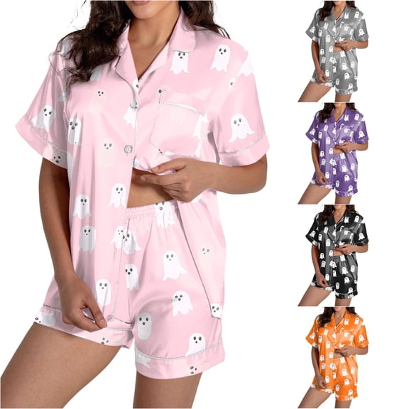 Weebloom Halloween Women'S Pajama Sets Ghost Pajama Sets Stylish Round Neck Short Sleeve Button Down Tops And Shorts Set Sleepwear Nightwear Pjs Loungewear Pink S