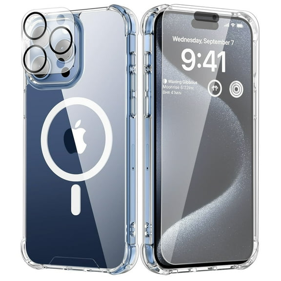 Dteck iPhone 15 Pro Max Clear Case with Tempered Glass Screen Protector, Camera Lens Protector, Full Body Protection Mag Safe Cover Compatible With Apple iPhone 15 Pro Max, Transparent
