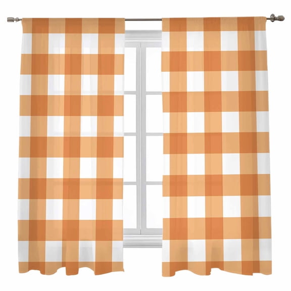 Sheer Curtains 63 inches Long, Orange Plaid Orange Gradient Line Check Geometric Light Filtering Sheer Window Curtains Rod Pocket Voile Drapes for Bedroom Living Room, 52"W x 63"L 2 Panels