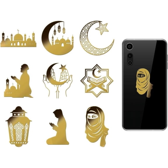 9pcs 1.6x1.6 Inch Ramadan Metal Stickers Islam Metal Gold Stickers Self-Adhesive Picture Stickers Self Adhesive Gold Stickers Decorate Sticker for Scrapbooks Phone Water Bottle Decor Golden