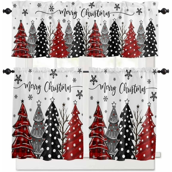 Christmas Trees Kitchen Curtains and Valances Set, Rod Pocket Curtains Tier Farmhouse Window Curtains 24 Inch Length, Red Black Grey Xmas Pine Winter Snowflake 3 Piece Kitchen Curtains Set