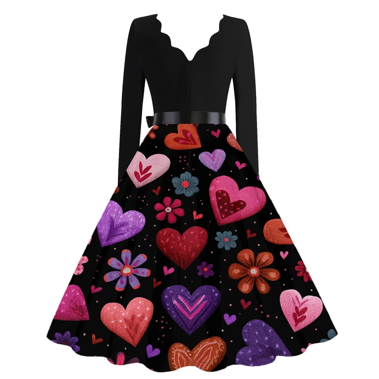 Yifymode Valentines Day Dresses Fit and Flare Dress with Heart Print Pattern Ribbon Waist for Women Vintage Hot Pink M, Women's, Size: Medium