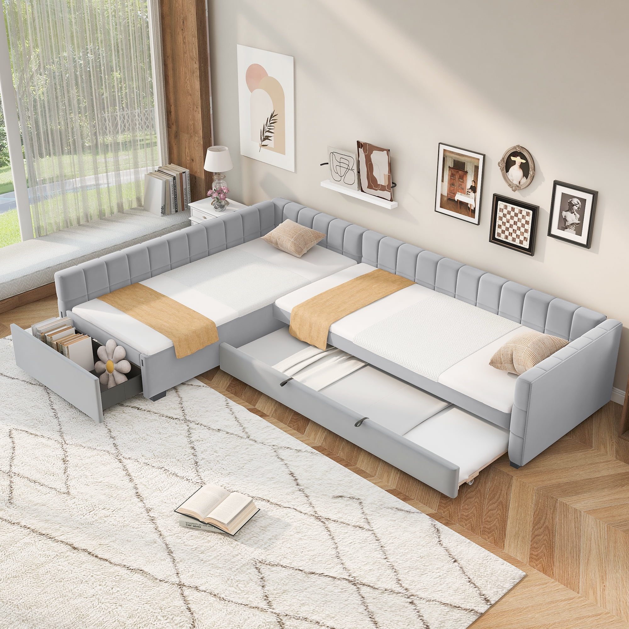 Euroco Upholstery L-Shaped Twin Platform Bed with Trundle and Drawer, 3 Beds in 1, No Spring Box Needed, Gray