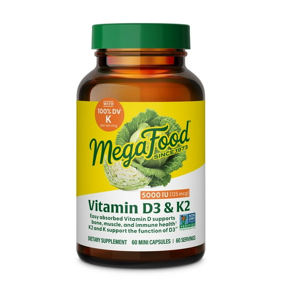 MegaFood Vitamin D3 5000IU (125 mcg) & Vitamin K2 & K - Immune Support - 60 Servings