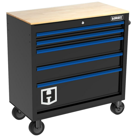 HART 36-Inch 5-Drawer Mobile Tool Chest Workbench with Wood Top, Rolling Garage Storage