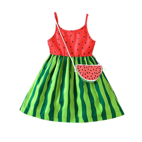 Kids Girls Sleeveless Casual Dress Toddler Watermelon Print Beach Holiday Party Dress Bag Set A-Line Sundress 18-24 Months