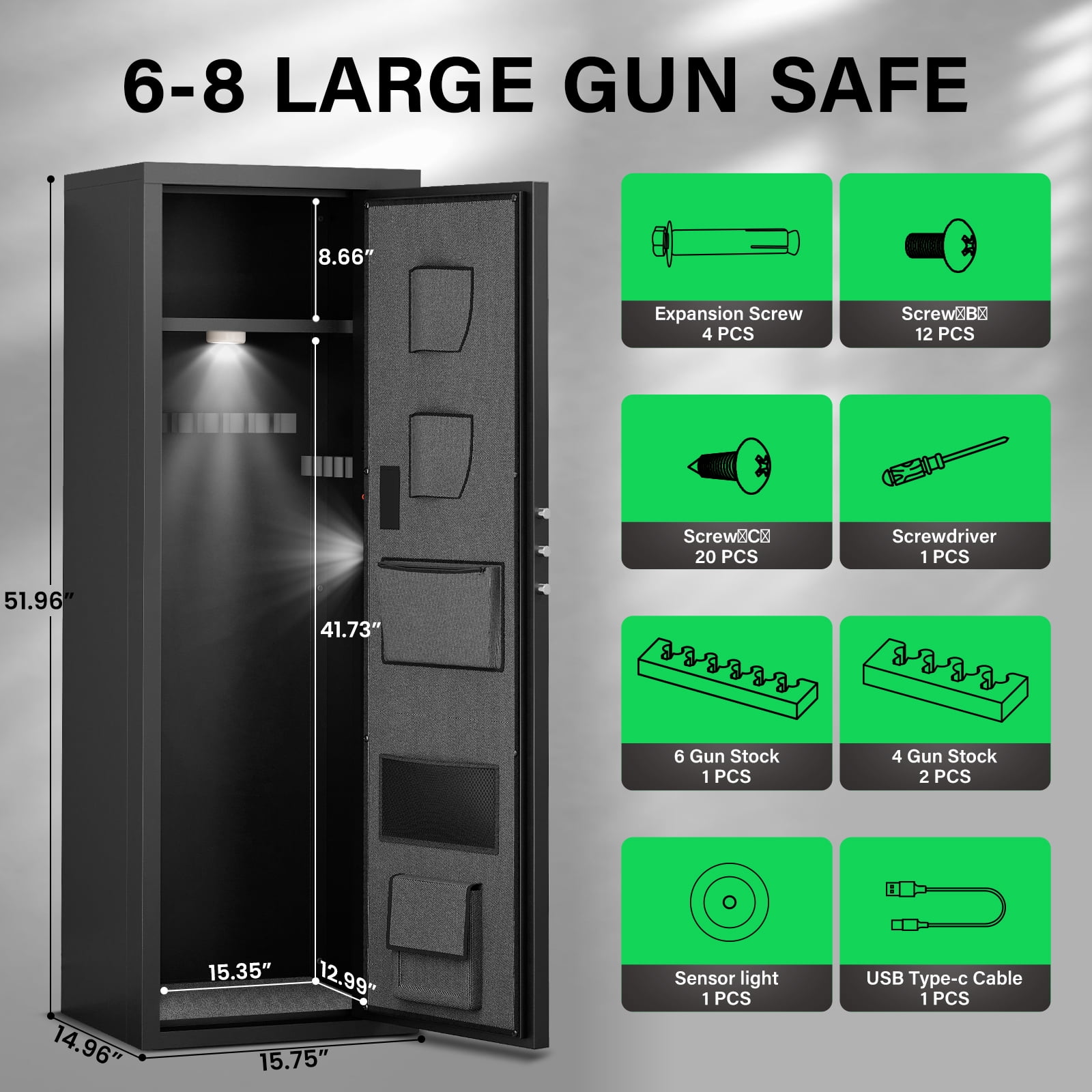 6-8 Large Gun Safe with Silent Mode, Unassembled Digital Gun Safe for Home Shotguns and Pistols, Gun Cabinet with 3 Magnetic Gun Slots and 3 Metal Storage Box